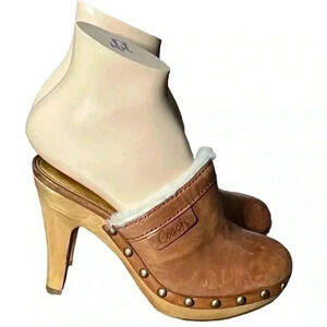 Coach Sherpa Lined Heeled Brown Studded Mules Sandal Size 6